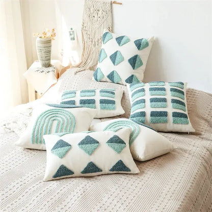 Set of six cream pillow covers with decorbites geometric tufted diamond teal and navy embroidery for living room decor