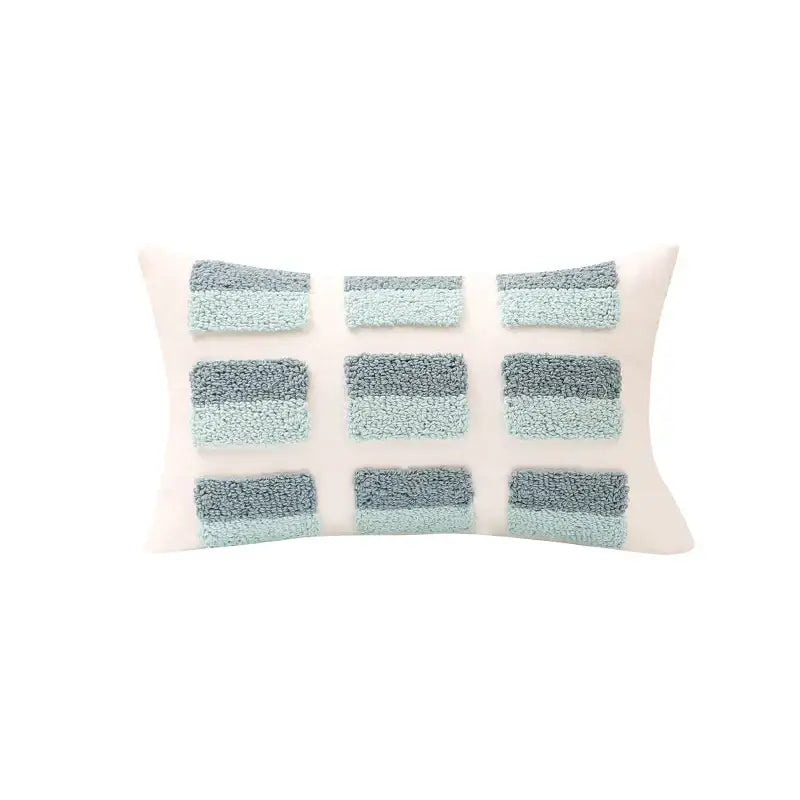 Rectangular off-white pillow cover with geometric tufted diamond pattern in mint green and gray for living room decorbites decor