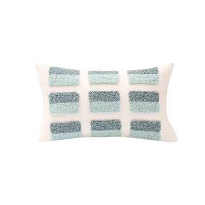 Rectangular off-white pillow cover with geometric tufted diamond pattern in mint green and gray for living room decorbites decor