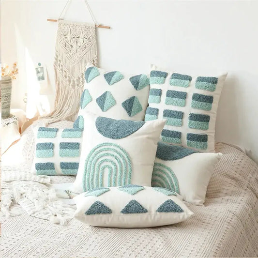 Set of decorbites geometric tufted diamond pillow covers in teal and white with textured fabric for living room decor
