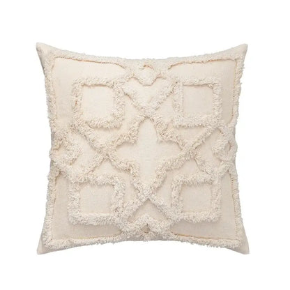 Cream-colored decorbites geometric tufted cushion cover with textured frayed pattern for living room decorbites geometric tufted fringed cushion cover