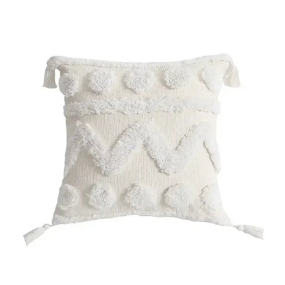 Cream-colored textured throw pillow with fluffy pom-poms and tassels for decorbites geometric tufted cushion cover decor