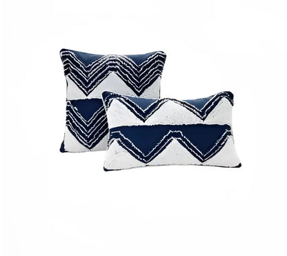 Navy and white geometric tufted cushion cover with textured embroidered zigzag design for living room decorbites decor