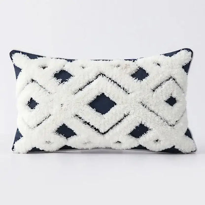 Rectangular geometric tufted cushion cover in navy and white with raised diamond yarn pattern for living room decorbites decor