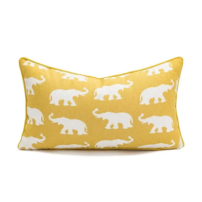 Yellow geometric tufted plush cushion cover with white elephant silhouettes for mustard and white living room decorbites decor