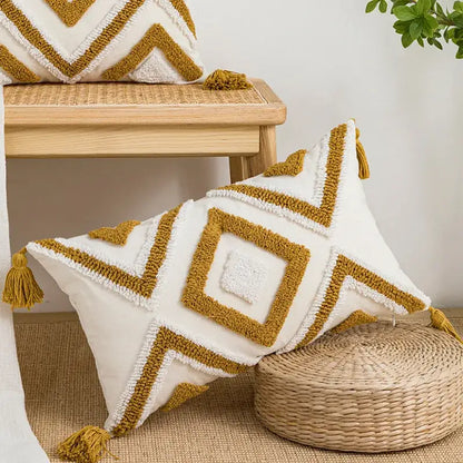 White and mustard-yellow geometric tufted plush cushion cover with textured tassels for living room decorbites decor