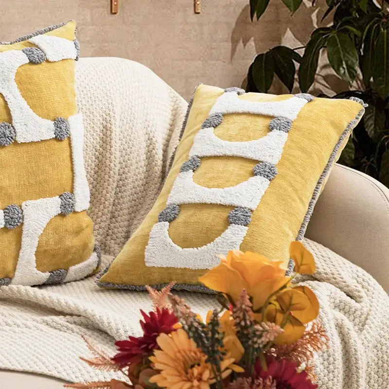 Yellow cushion cover with white and gray decorbites geometric tufted plush pattern for living room decor