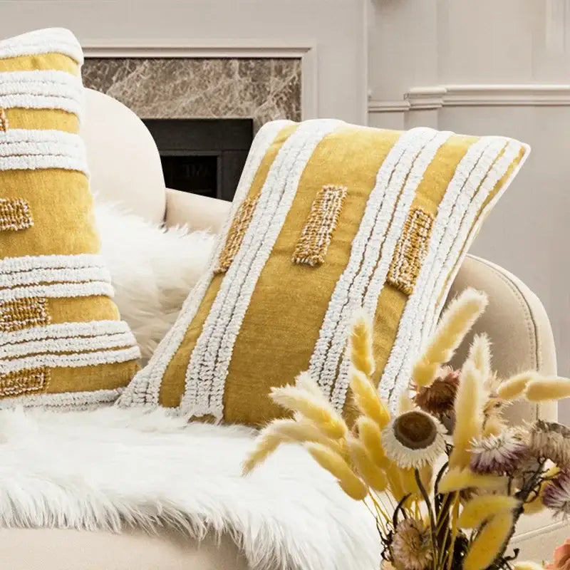 Yellow cushion cover with white and gold textured stripes decorbites geometric tufted plush living room decor