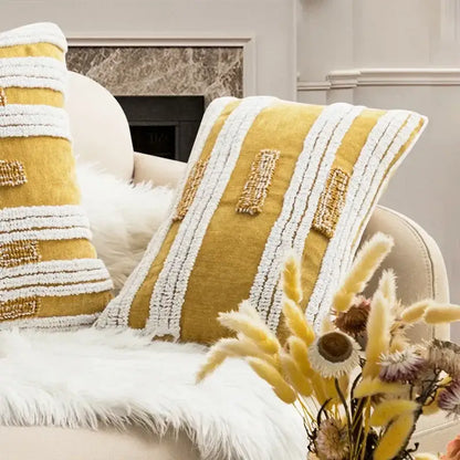 Yellow cushion cover with white and gold textured stripes decorbites geometric tufted plush living room decor