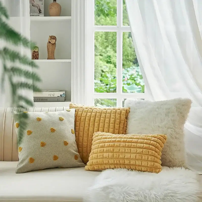 A cozy beige geometric tufted plush cushion cover with golden-yellow embroidered polka dots for living room decorbites decor