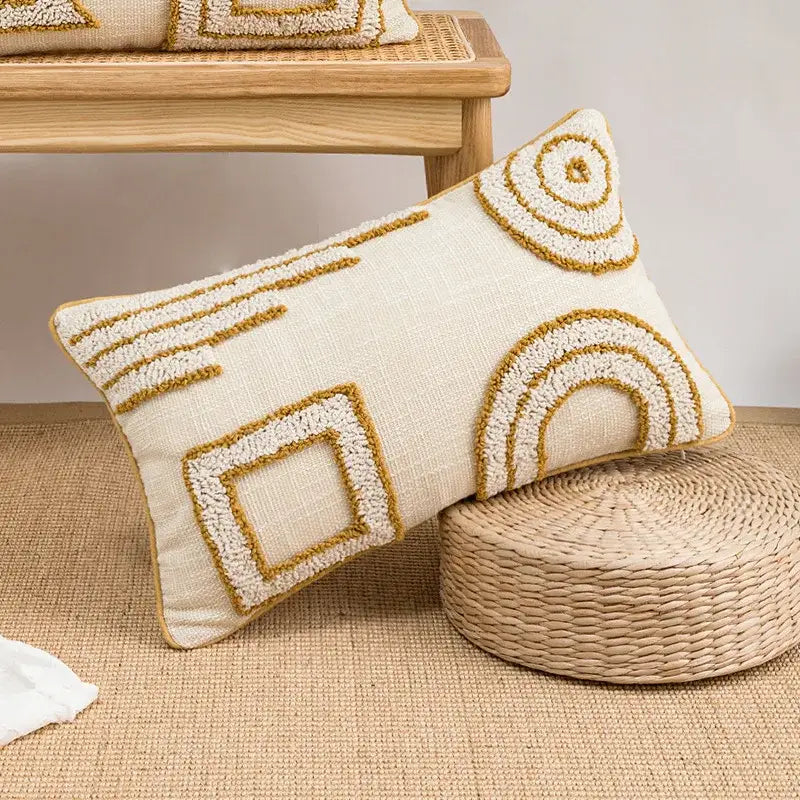 Cream-colored cushion cover with textured gold and off-white embroidered geometric tufted plush design for living room decorbites decor