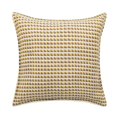 Square geometric tufted plush cushion cover with brown boot motifs on mustard and white striped background by decorbites
