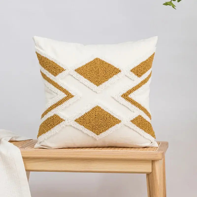 Cream-colored cushion cover with mustard yellow geometric tufted plush diamond and zigzag pattern for living room decorbites decor