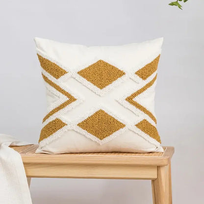 Cream-colored cushion cover with mustard yellow geometric tufted plush diamond and zigzag pattern for living room decorbites decor