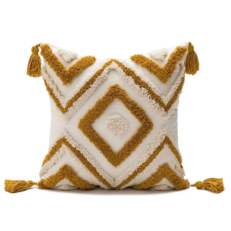 Cream and mustard yellow geometric tufted plush cushion cover with tassels for living room decorbites decor