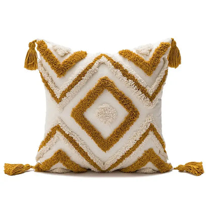 Cream and mustard yellow geometric tufted plush cushion cover with tassels for living room decorbites decor