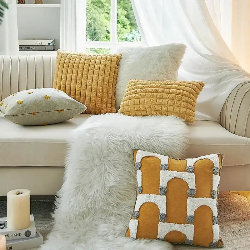Square throw pillow with mustard yellow white geometric tufted plush cushion cover and gray decorbites geometric tufted details