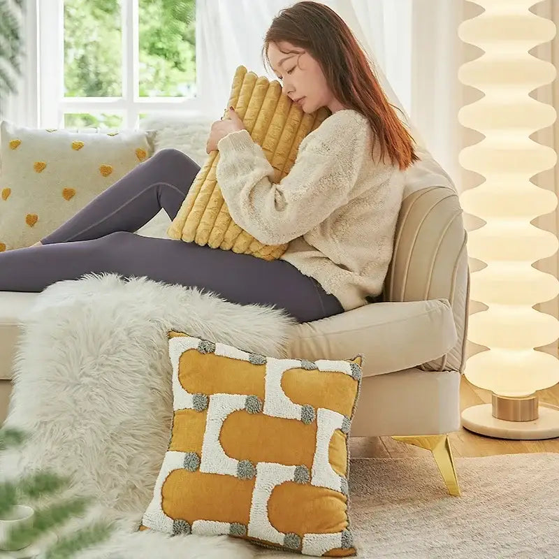 Yellow geometric tufted plush cushion cover with white and gray patterns for mustard and white living room decorbites decor