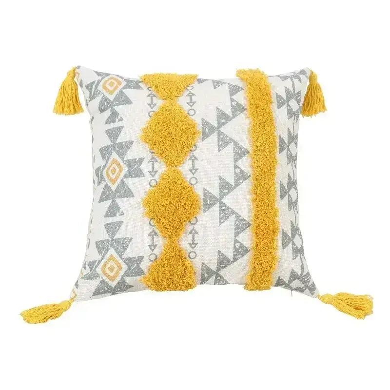Square throw pillow with beige cushion cover featuring decorbites geometric tufted tassel patterns and yellow tassels edges