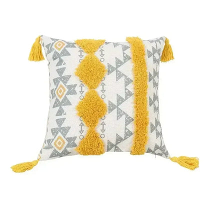 Square throw pillow with beige cushion cover featuring decorbites geometric tufted tassel patterns and yellow tassels edges