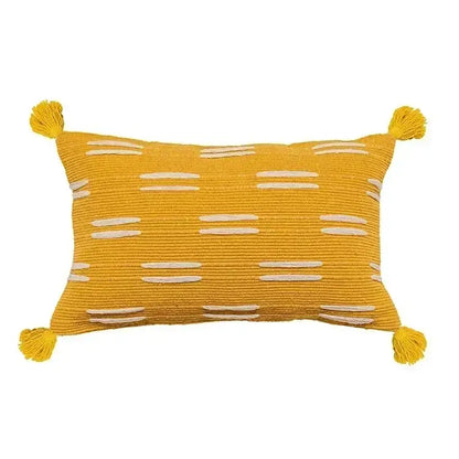 Mustard-yellow cushion cover with textured knit geometric tufted tassel design and white stripes for decorbites living room decor
