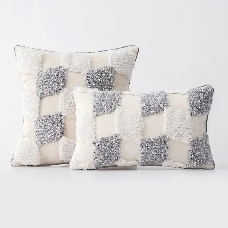 Cream and gray textured patchwork cushion cover with geometric tufted tassel design for cozy living room decorbites decor