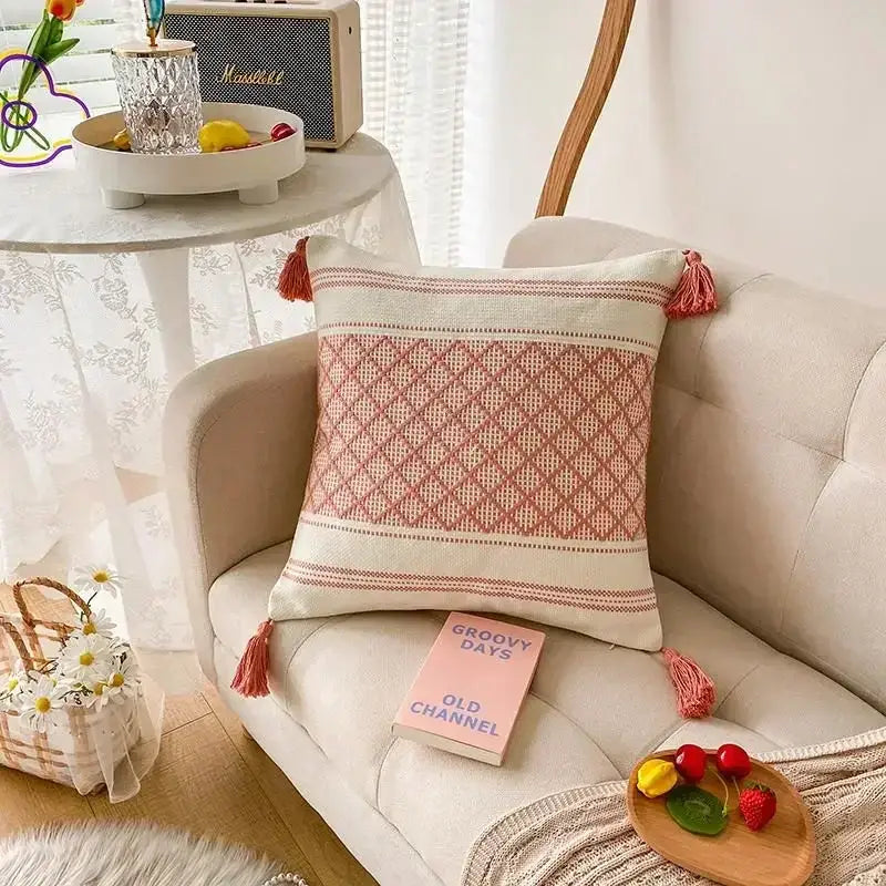 Beige and pink woven geometric tufted tassel cushion cover with tassels for living room decor