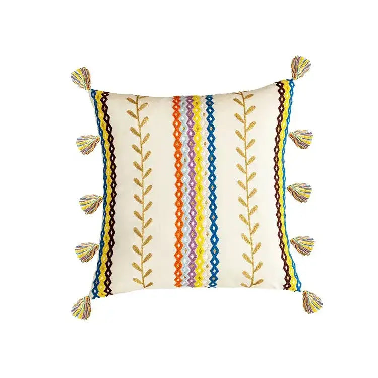 Cream-colored cushion cover with embroidered vertical stripes and multicolored tassels for decorbites geometric tufted tassel decor