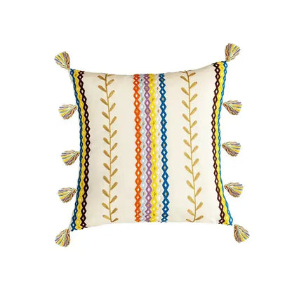 Cream-colored cushion cover with embroidered vertical stripes and multicolored tassels for decorbites geometric tufted tassel decor