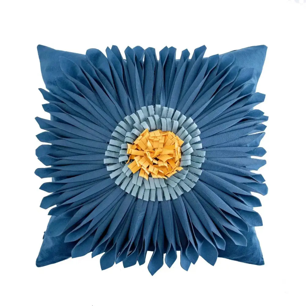 Blue floral cushion cover with layered petal design and yellow orange center for decorbites geometric tufted tassel decor