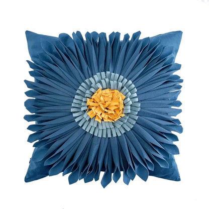 Blue floral cushion cover with layered petal design and yellow orange center for decorbites geometric tufted tassel decor