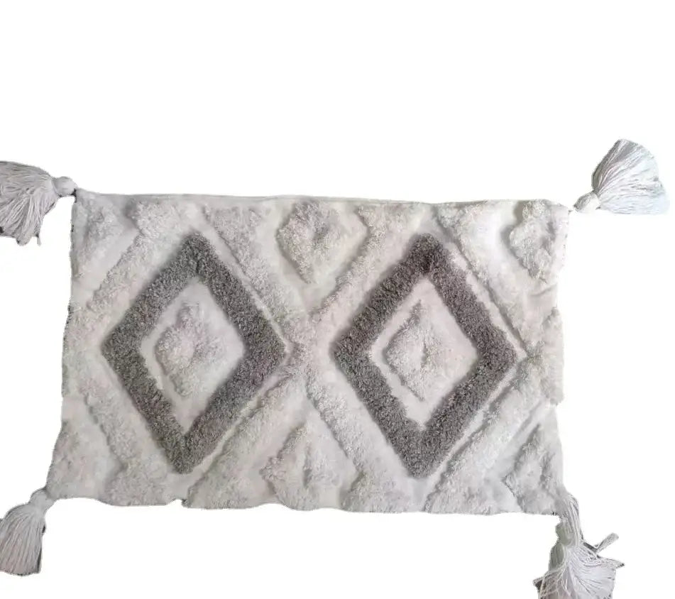 Off-white and gray plush geometric tufted tassel cushion cover with textured diamond pattern for living room decor