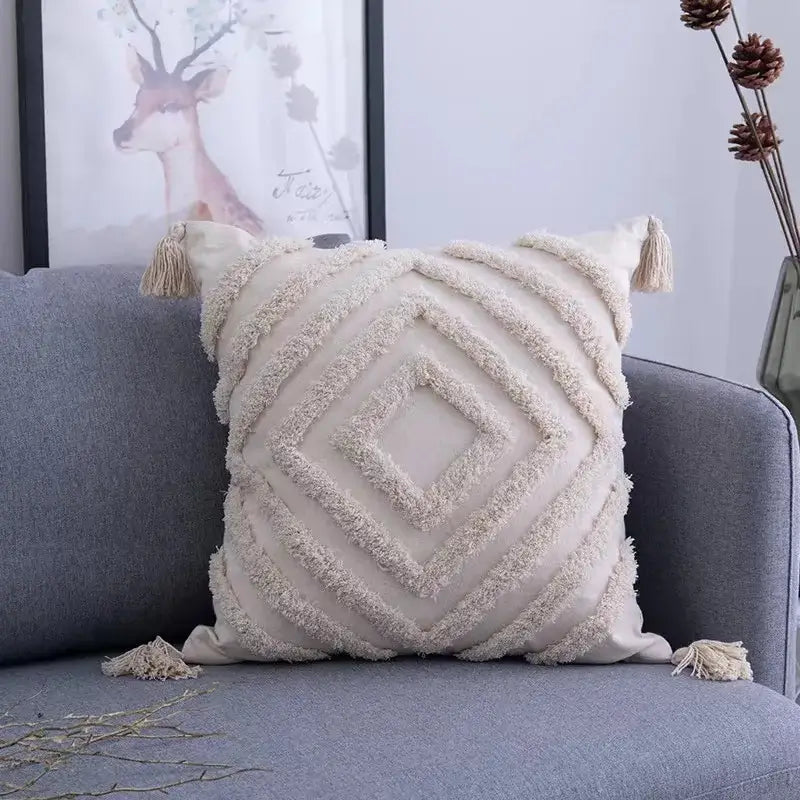 Beige cushion cover with geometric tufted tassel diamond pattern and fringe for decorbites living room decor
