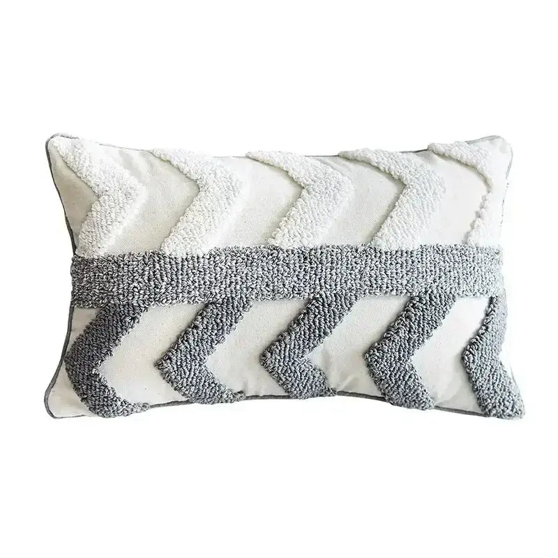 Geometric tufted tassel cushion cover beige with cream base and bold gray chevron pattern for living room decorbites