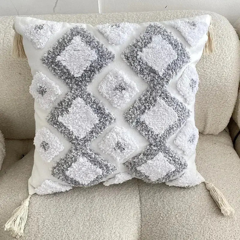 White and gray geometric tufted tassel cushion cover with diamond patterns and cream tassels for living room decorbites decor