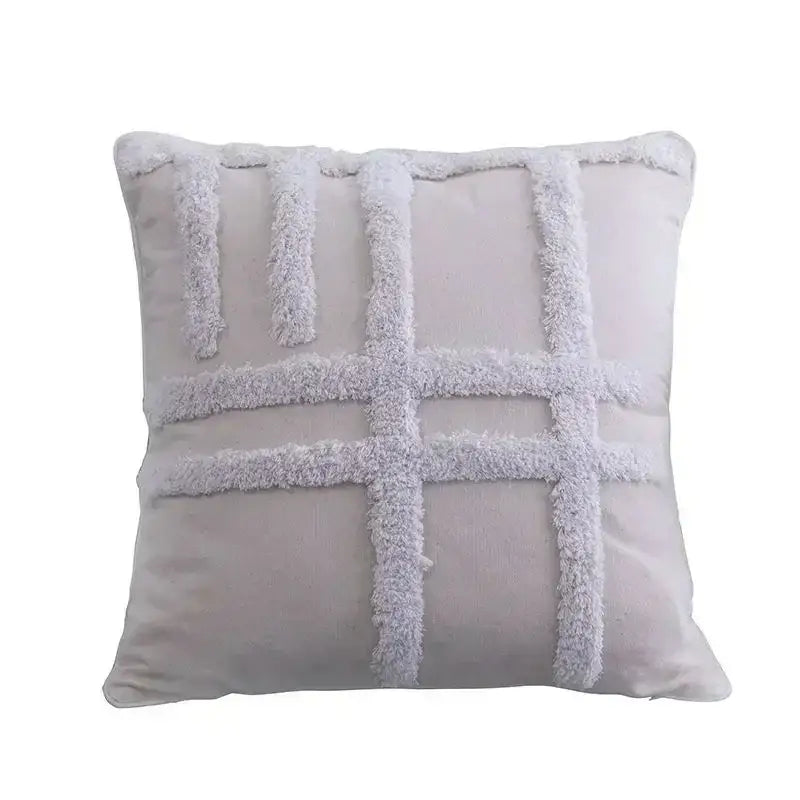 Soft light gray cushion cover with fluffy white geometric tufted tassel grid pattern for beige gray living room decorbites