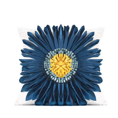 A plush blue daisy cushion cover with geometric tufted tassel detailing for beige and gray living room decorbites decor