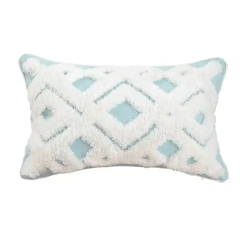 Rectangular cushion cover with soft white fringe geometric tufted tassel pattern on light blue decorbites living room decor