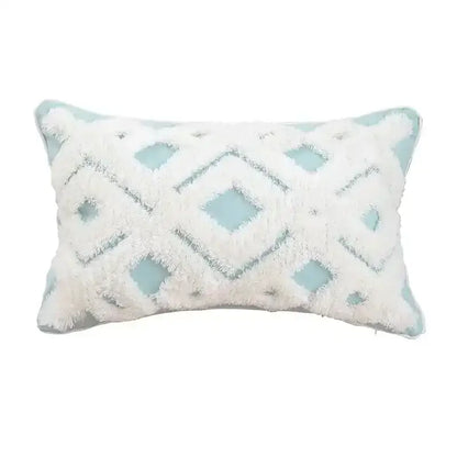 Rectangular cushion cover with soft white fringe geometric tufted tassel pattern on light blue decorbites living room decor