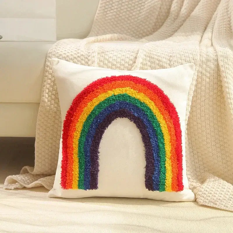 Cozy white cushion cover with vibrant geometric tufted tassel rainbow design for beige and gray living room decor