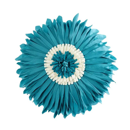 Teal and white fabric flower wall decor with layered fringed petals complements decorbites geometric tufted tassel cushion cover