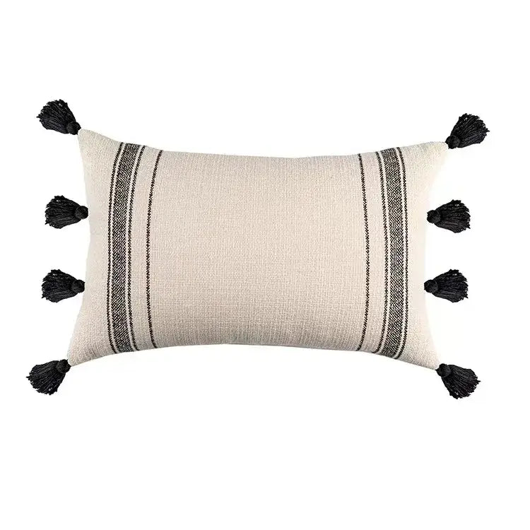 Beige rectangular cushion cover with black vertical stripes and geometric tufted tassel corners for living room decor