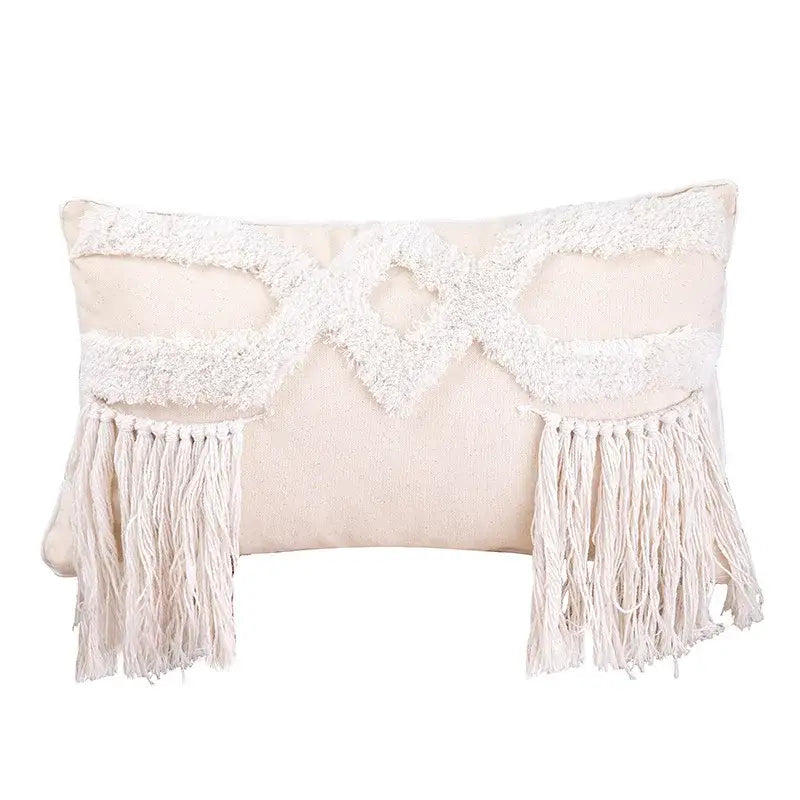 Cream-colored geometric tufted tassel cushion cover with textured white woven pattern and long fringe for living room decor