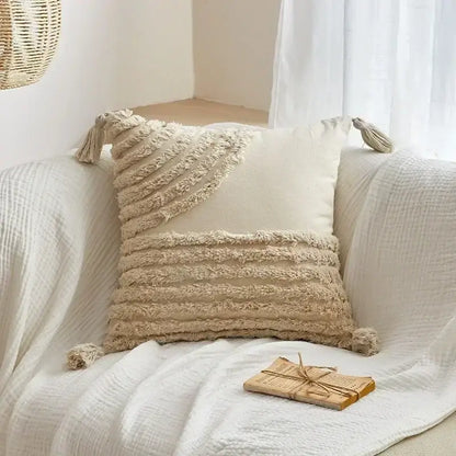 Beige cushion cover with textured geometric tufted tassel design featuring fringed stripes and tassels for living room decorbites decor