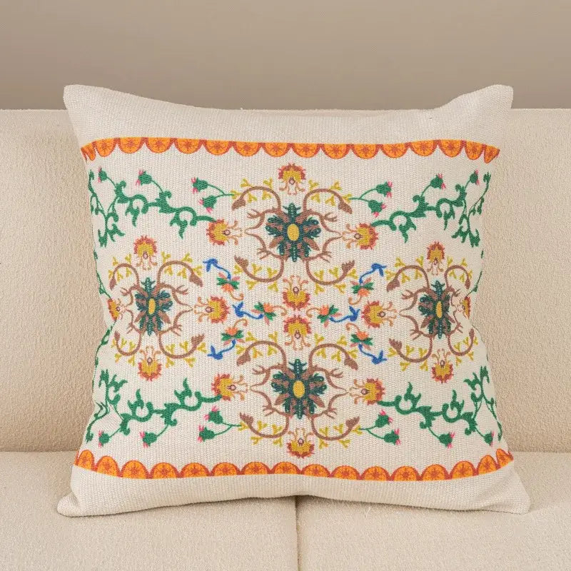 Beige geometric tufted tassel cushion cover with off-white embroidered floral decorbites living room decorbites geometric tufted