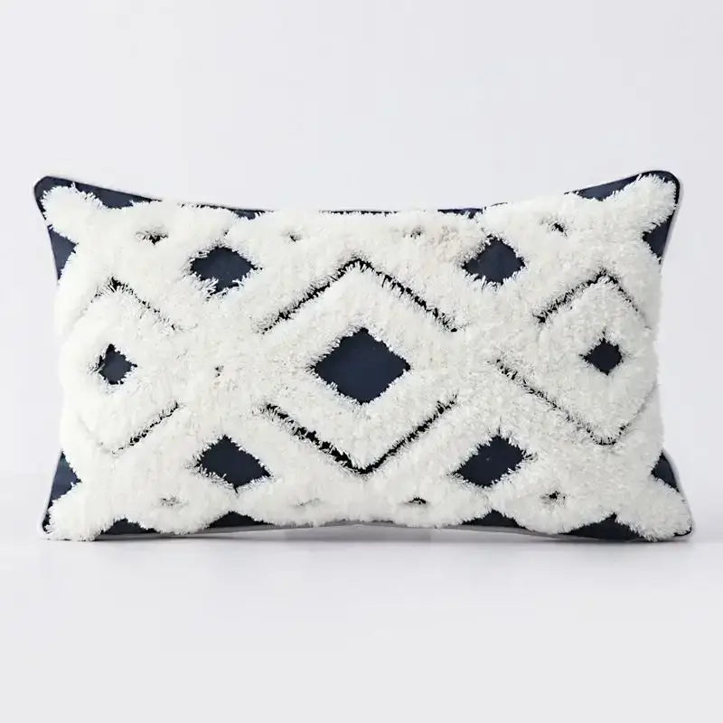 Rectangular cushion cover with plush white and navy geometric tufted tassel pattern for living room decor