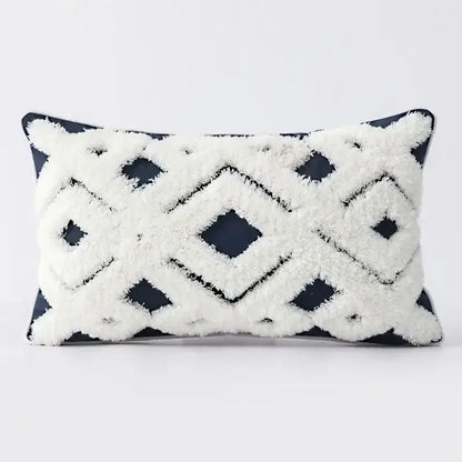 Rectangular cushion cover with plush white and navy geometric tufted tassel pattern for living room decor