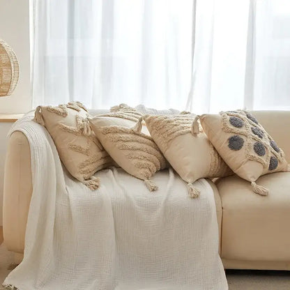 Beige and gray cushion cover with geometric tufted tassel embroidery textured for living room decorbites decor