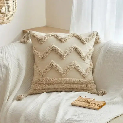 Cream-colored geometric tufted tassel cushion cover with textured zigzag pattern for beige and gray decorbites living room decor