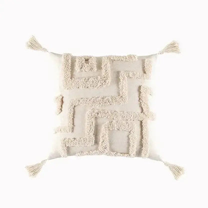 Cream-colored cushion cover with textured geometric tufted tassel design beige gray decorbites living room decor